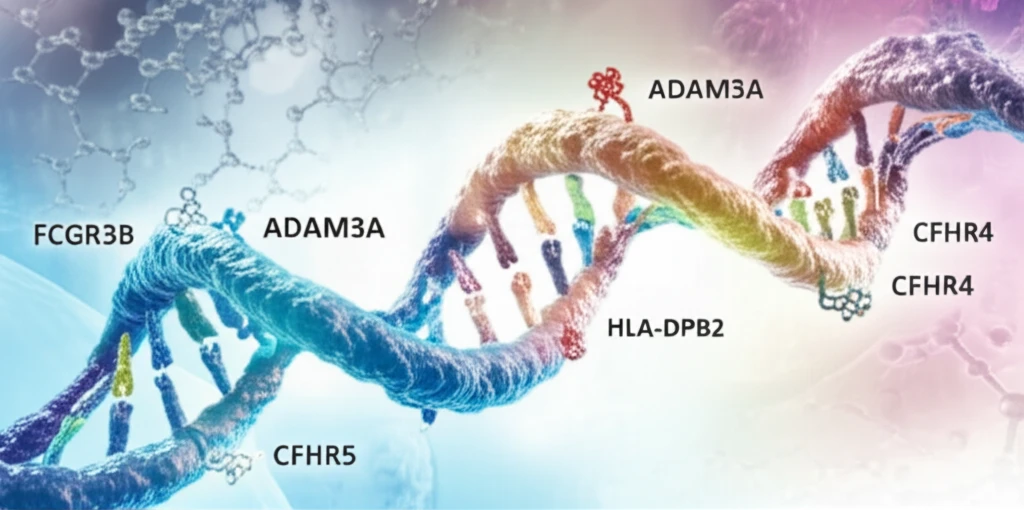 Illustration of DNA strands and key genes involved in lupus research, symbolizing genetic discoveries.