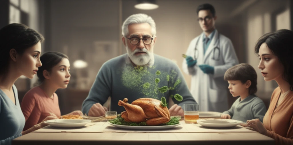 Illustration of a family concerned about antibiotic resistance in poultry.