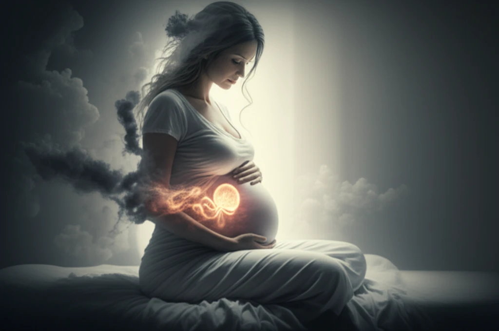 Digital illustration depicting a pregnant woman exposed to household air pollution, highlighting the adverse effects on pregnancy.