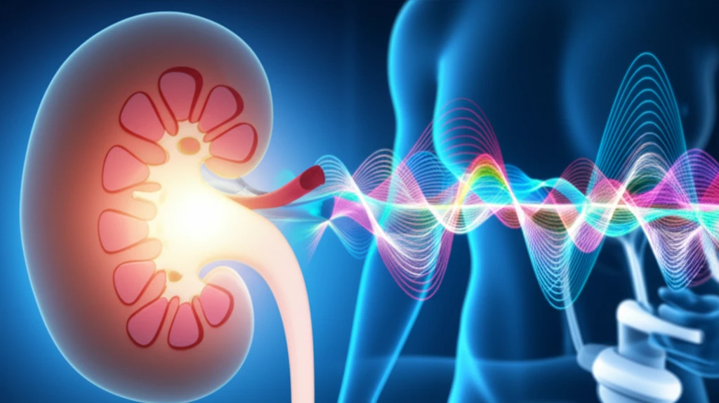Illustration of a healthy kidney with shear-wave sonoelastography waves, representing advancements in renal transplant care.