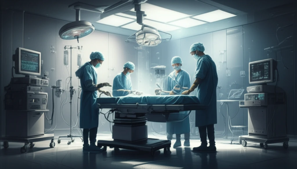 Illustration depicting the REBOA procedure in a modern emergency room setting, with a focus on the medical team and the advanced medical technology involved.
