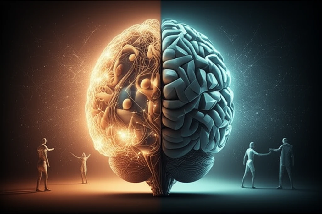 Illustration of a brain with contrasting sides, depicting 'Care' and 'Power' motives.
