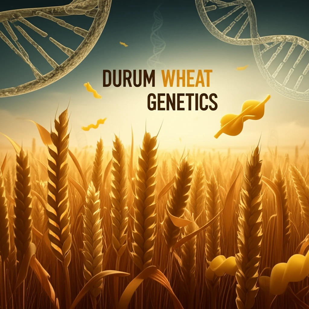 A surreal illustration depicting wheat fields intertwined with pasta strands and DNA strands, symbolizing the connection between wheat genetics and food.