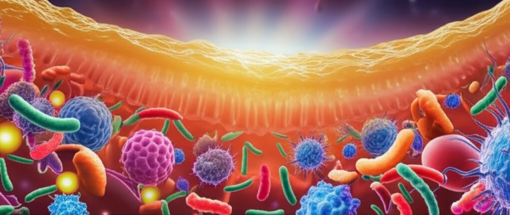 Illustration of the human gut with a focus on mucus layer, highlighting MUC2 and MUC6 mucin molecules, bacteria, immune cells, and food particles.