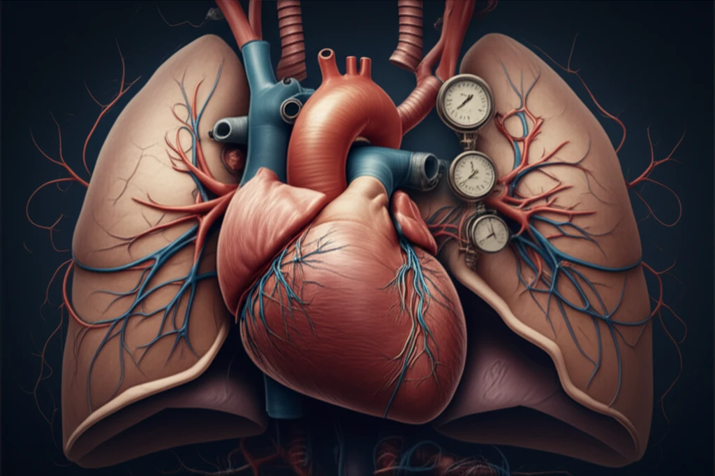 Illustration of a heart and lungs showing the connection between pulmonary hypertension and hypertrophic cardiomyopathy.
