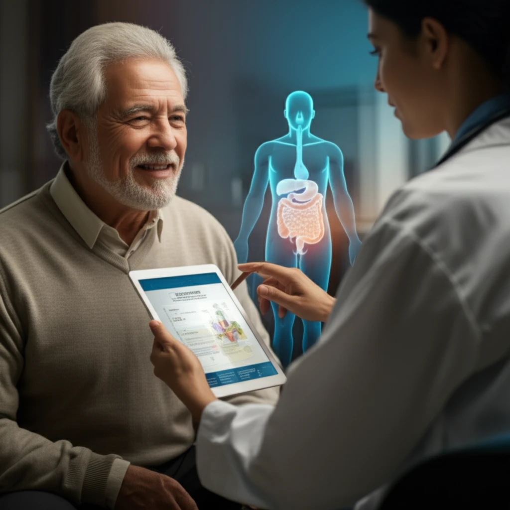 Illustration of a doctor reviewing a geriatric risk assessment with an older patient, symbolizing personalized colorectal cancer care.