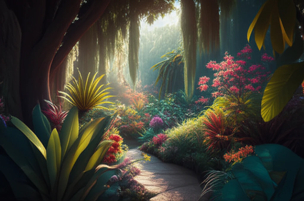 Digital illustration of a thriving garden under different light conditions.