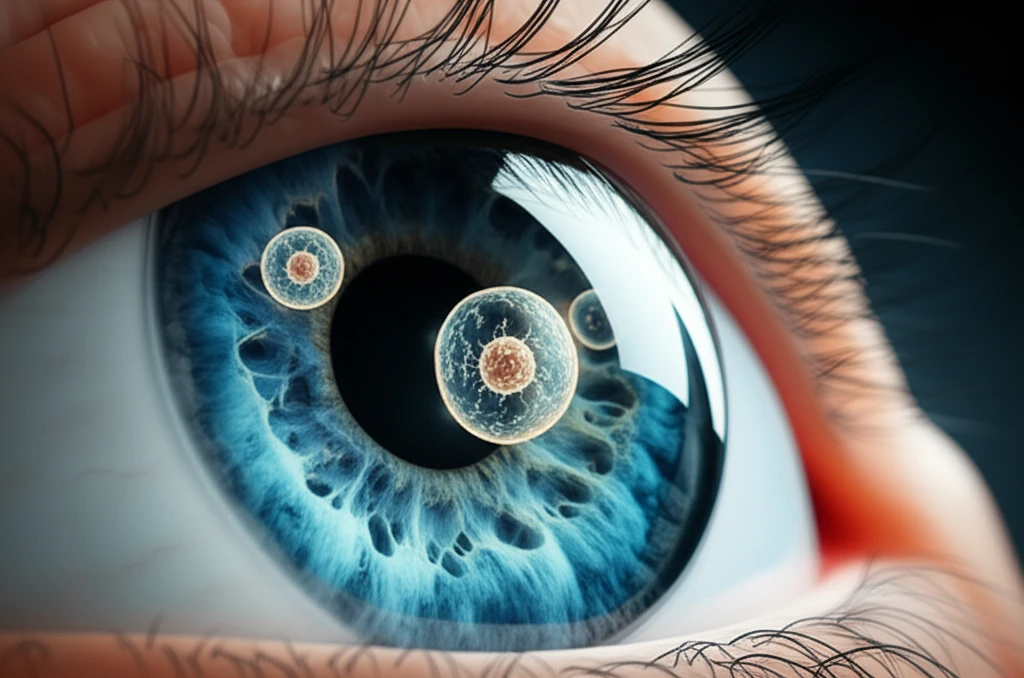 Digital art of an eye, highlighting the lacrimal canaliculus with glowing stem cells.
