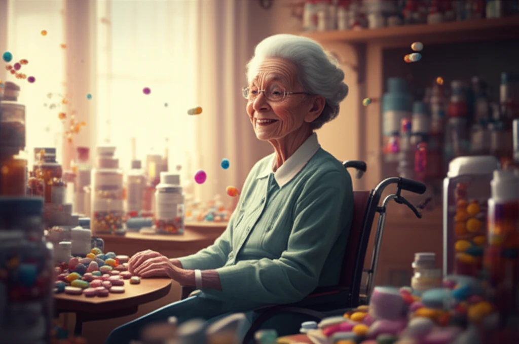 Illustration of an elderly person smiling and surrounded by medication, representing medication safety in long-term care.