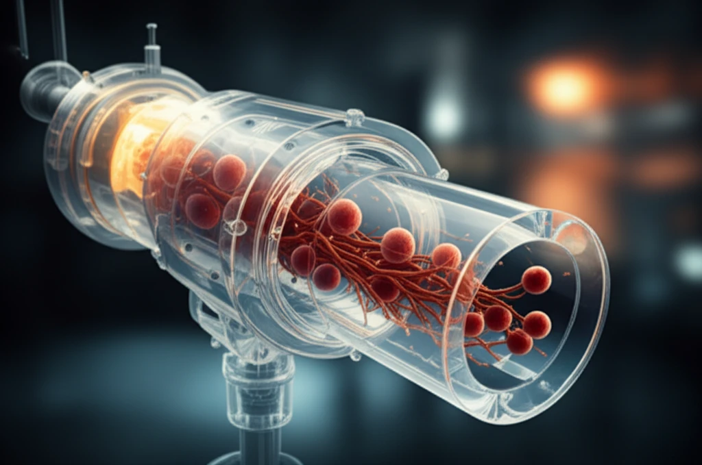 Digital illustration of a microfluidic device mimicking a blood vessel, with cells inside, highlighting the innovation in vascular research.