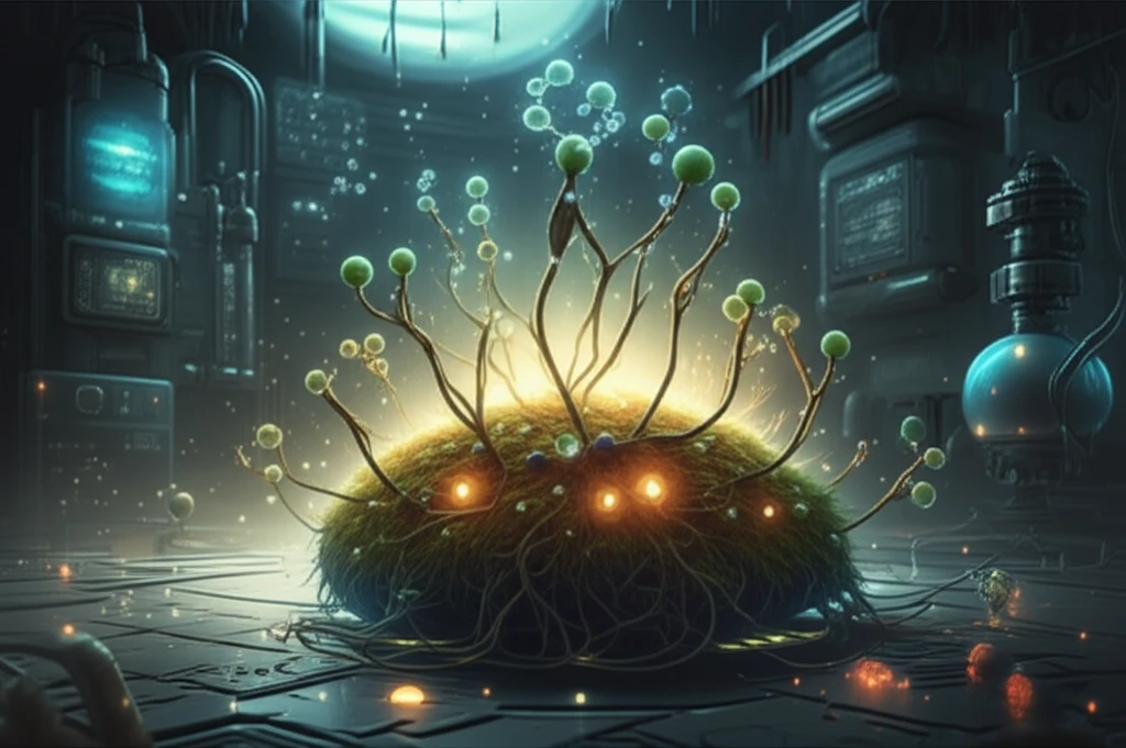 Illustration depicting Physcomitrella patens moss with glowing molecules in a futuristic laboratory.