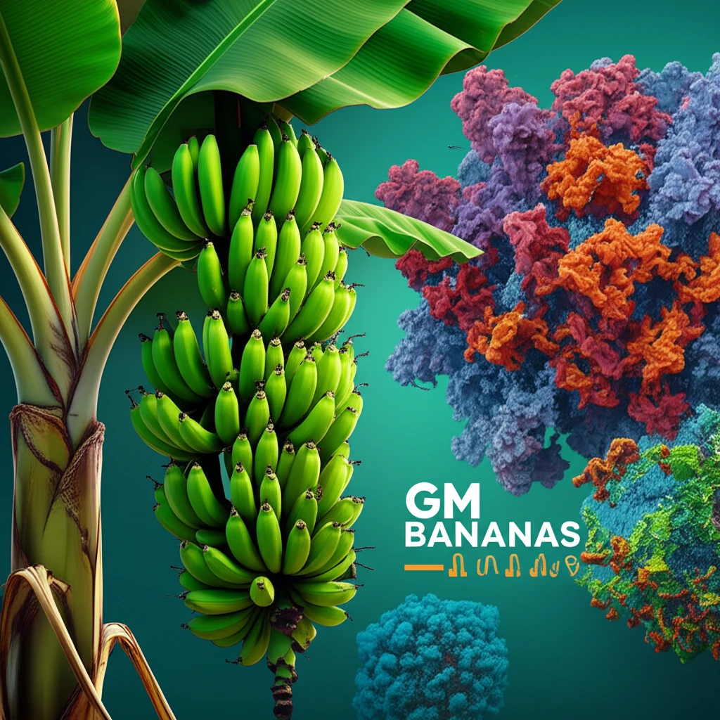 Illustration of a banana tree with detailed view of HRAP and PFLP proteins, designed to represent GM bananas and food safety