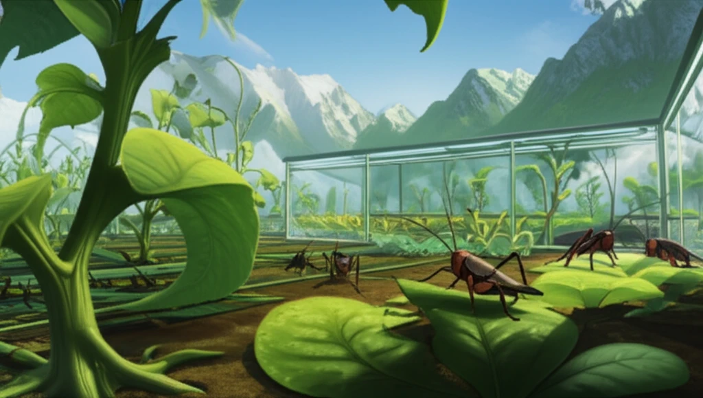 Illustration of a cricket farm with green plants and crickets, set in a high-altitude environment.