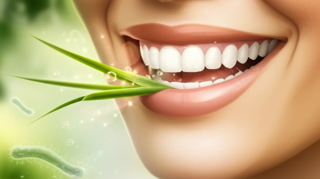A digital illustration of a healthy smile with a sprig of lemon grass, representing the potential of natural remedies in dental care.