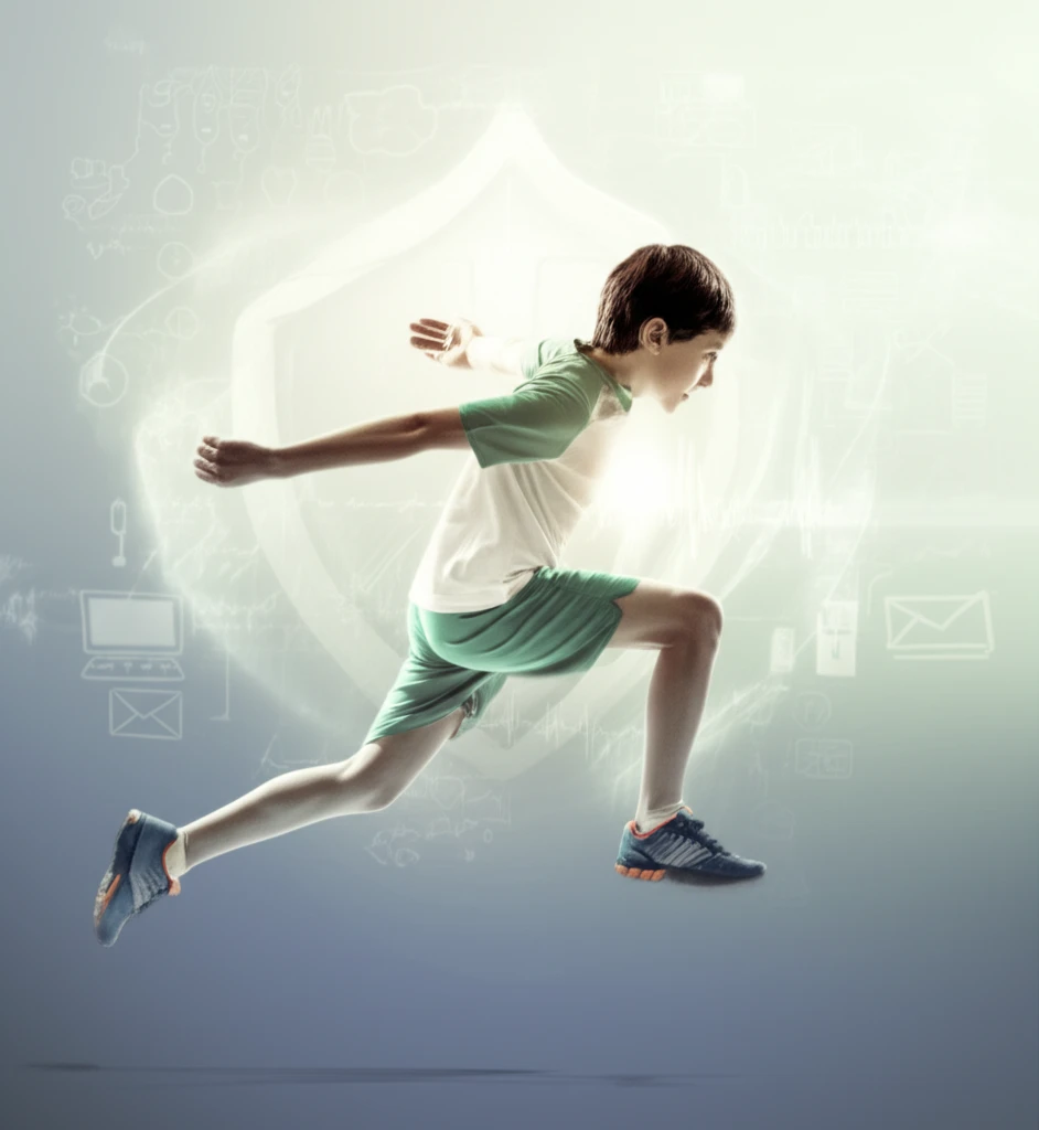 Illustration depicting a young athlete with a healthy heart, symbolizing protection and safety in sports.