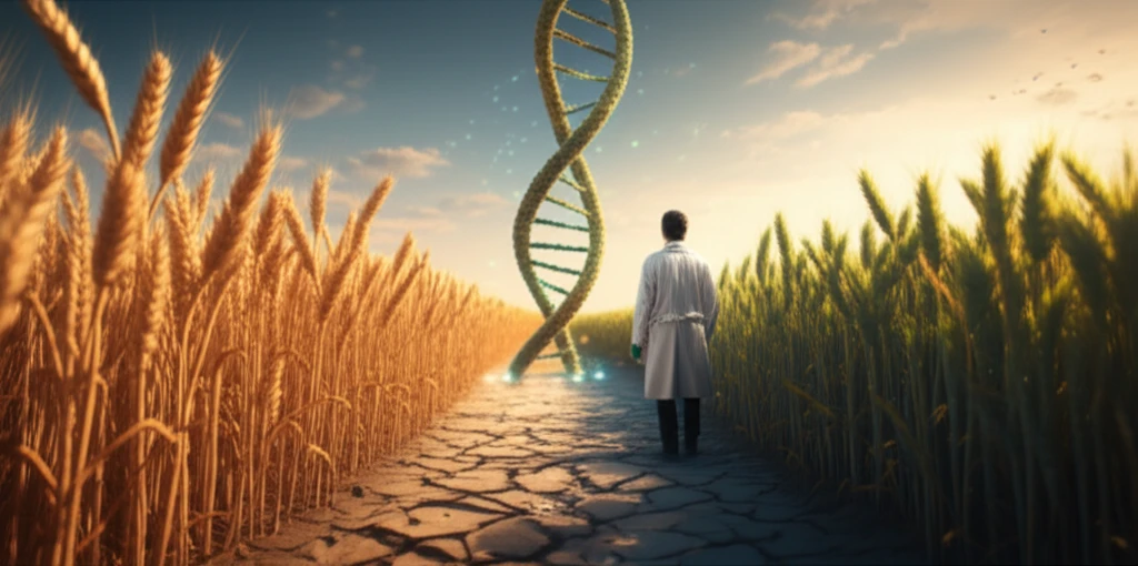 Digital illustration of a wheat field with thriving and stressed plants, symbolizing salt tolerance research.