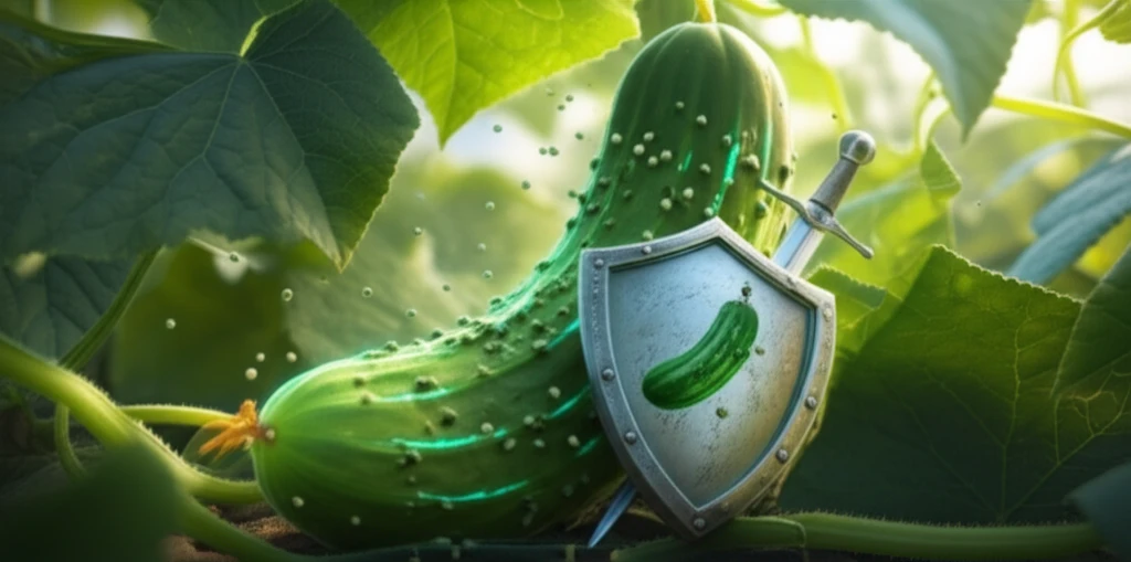 Illustration of a cucumber with protective elements, symbolizing the plant's natural defenses against powdery mildew.