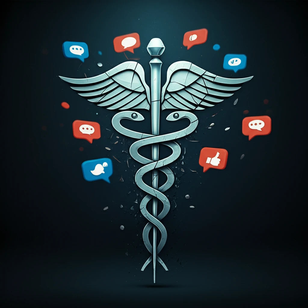 Illustration of a fractured medical symbol with text messaging icons, symbolizing communication failures in healthcare.