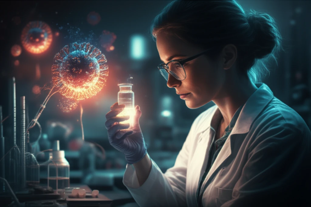 Scientist working on HIV vaccine in a lab, with microscope and HIV virus in the background
