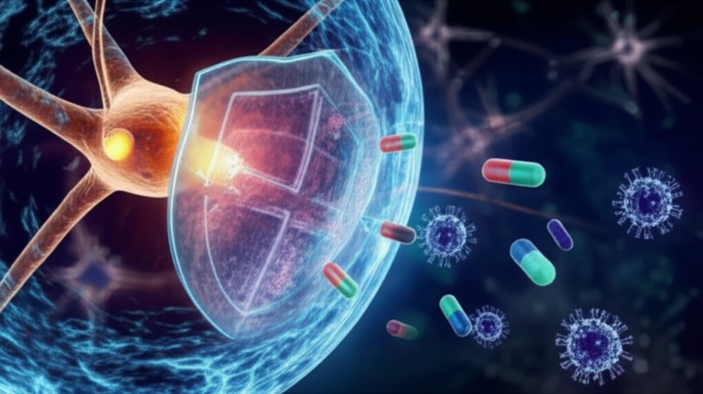 Illustration of a nerve cell being protected from chemotherapy drugs by a shield, symbolizing the potential role of antioxidants like vitamin E in reducing nerve damage.