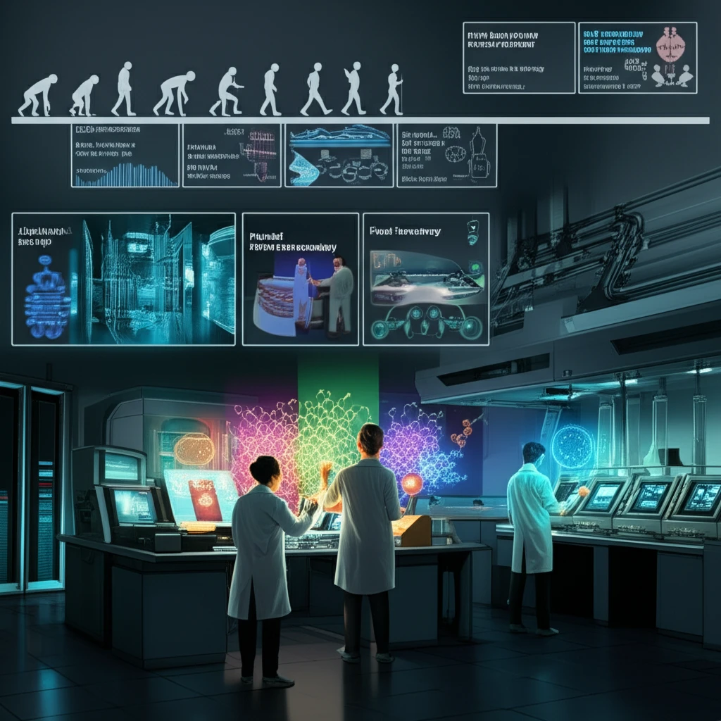 Futuristic food laboratory with advanced technology and researchers.