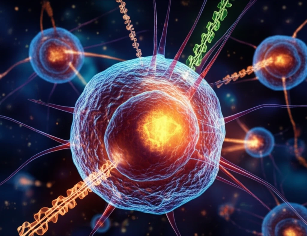 Illustration of a cancer cell with the NPM1 protein highlighted, symbolizing hope for new cancer treatments.