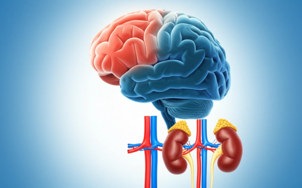 Illustration of a healthy brain connected to healthy kidneys, symbolizing the link between stroke and kidney health.