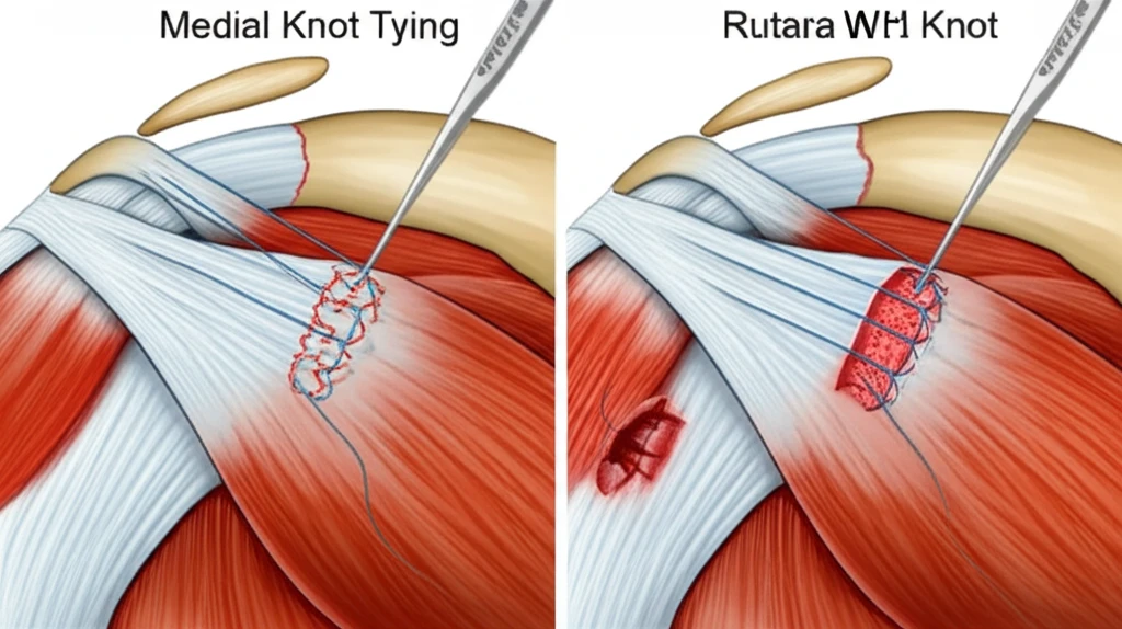 Illustration comparing suture bridge techniques with and without medial knot tying in rotator cuff repair.