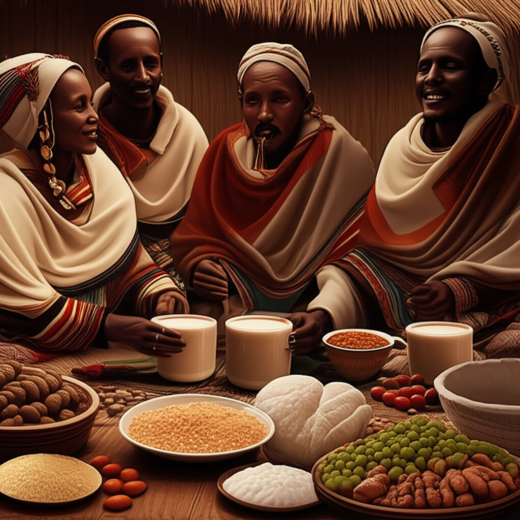 Illustration of people in traditional Ethiopian attire enjoying Cheka, a fermented beverage, in a communal setting, celebrating the cultural significance and traditions of Southwestern Ethiopia. 
