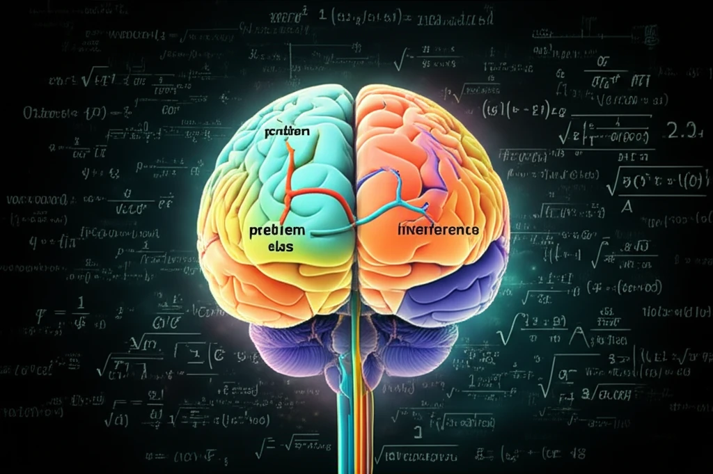 Illustration of a brain with equations floating around, representing the interplay of problem size and interference in mental calculations.