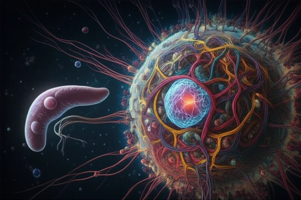 Illustration of a human cell with a glowing chromatin structure.