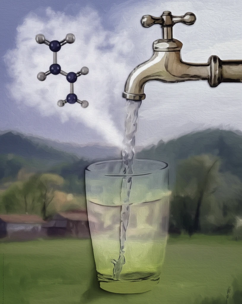 Illustration of a water tap pouring water into a glass, with a visible cloud of a chemical formula floating around the glass.