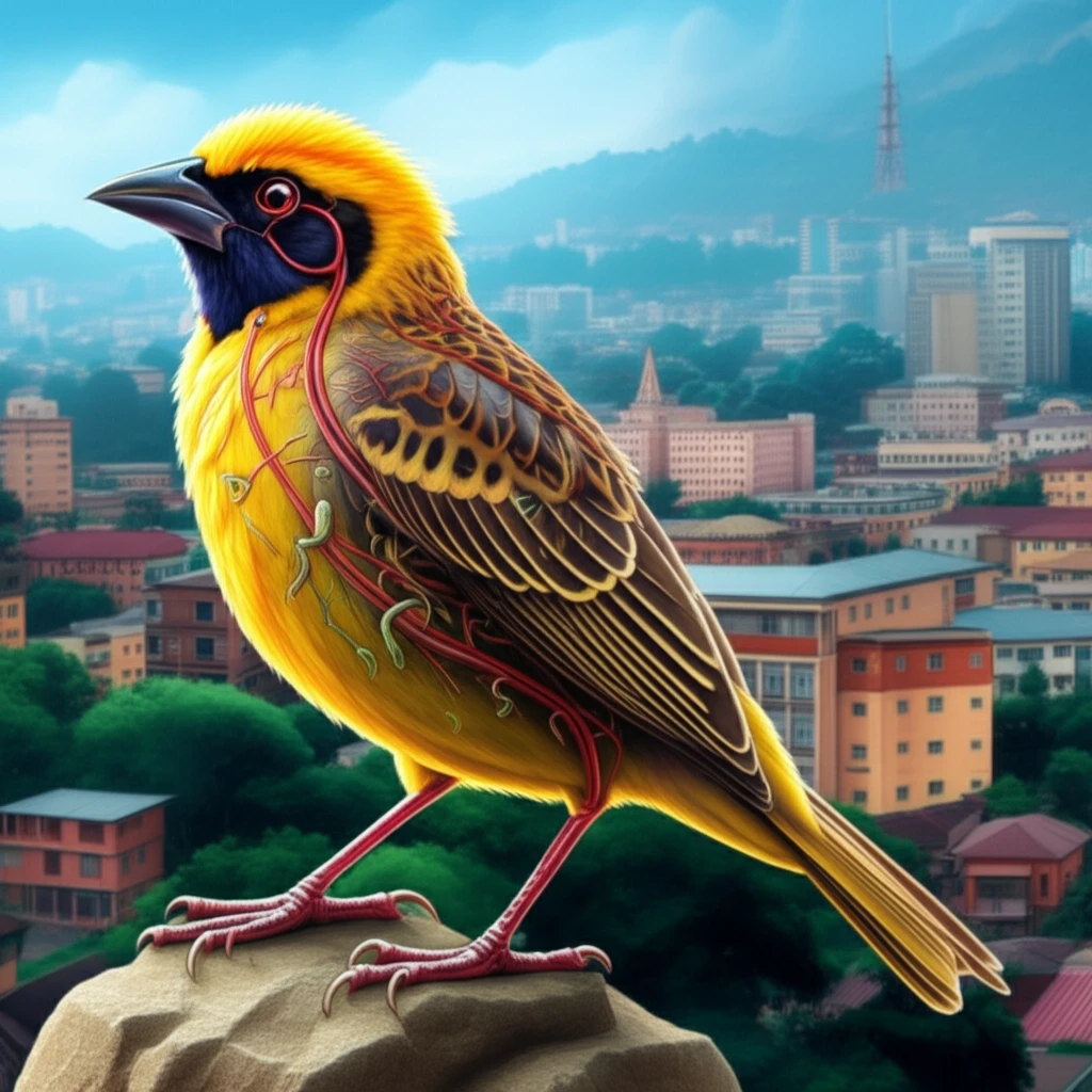 Illustration of a weaver bird's bloodstream showing various parasites, with a backdrop of Dschang, Cameroon.