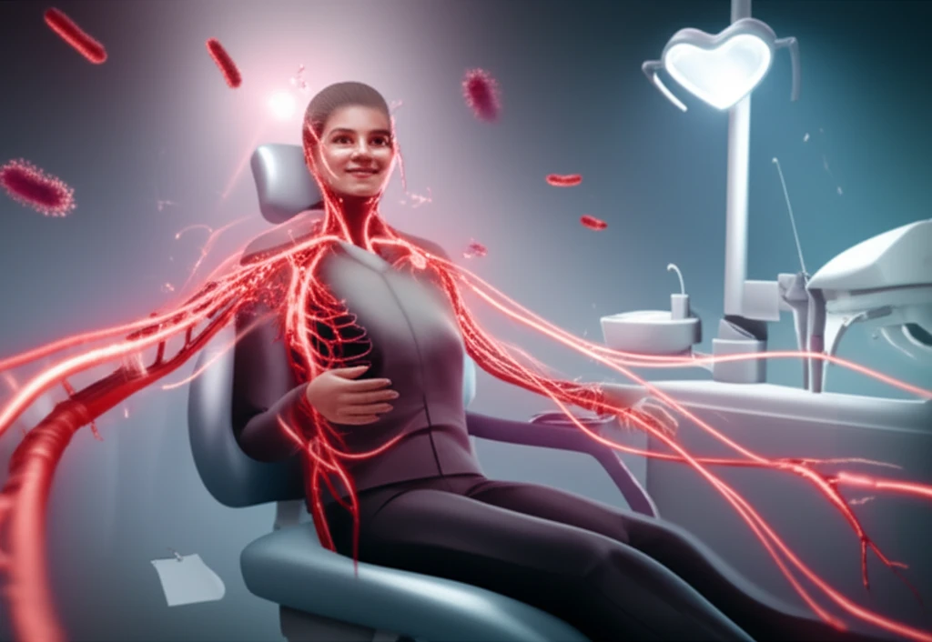 Illustration depicting a person at the dentist's office. With glowing arteries and bacteria, and heart-shaped light