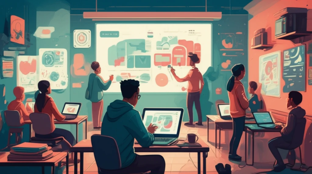 Illustration of students collaborating in a flipped classroom setting, using technology.