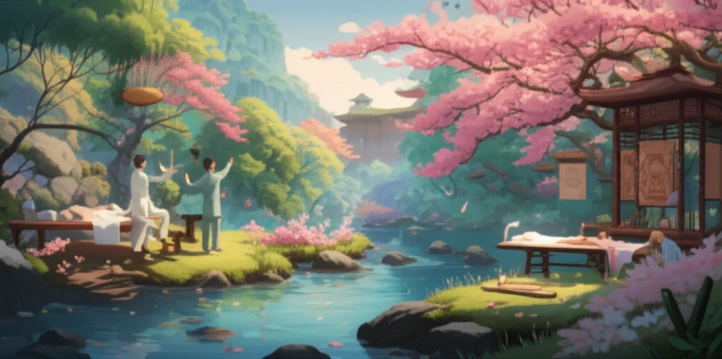 A digital illustration depicting the integration of Traditional Chinese Medicine and Occupational Therapy. Shows peaceful scene with a person practicing Tai Chi. Includes acupuncture and a work space representing occupational therapy.