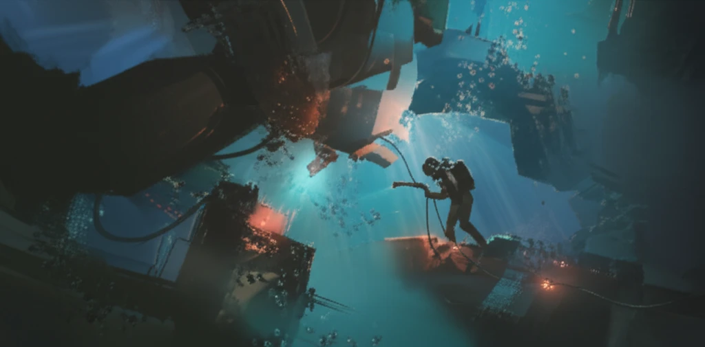 Illustration of underwater welding with a diver using a welding torch on a metal structure.
