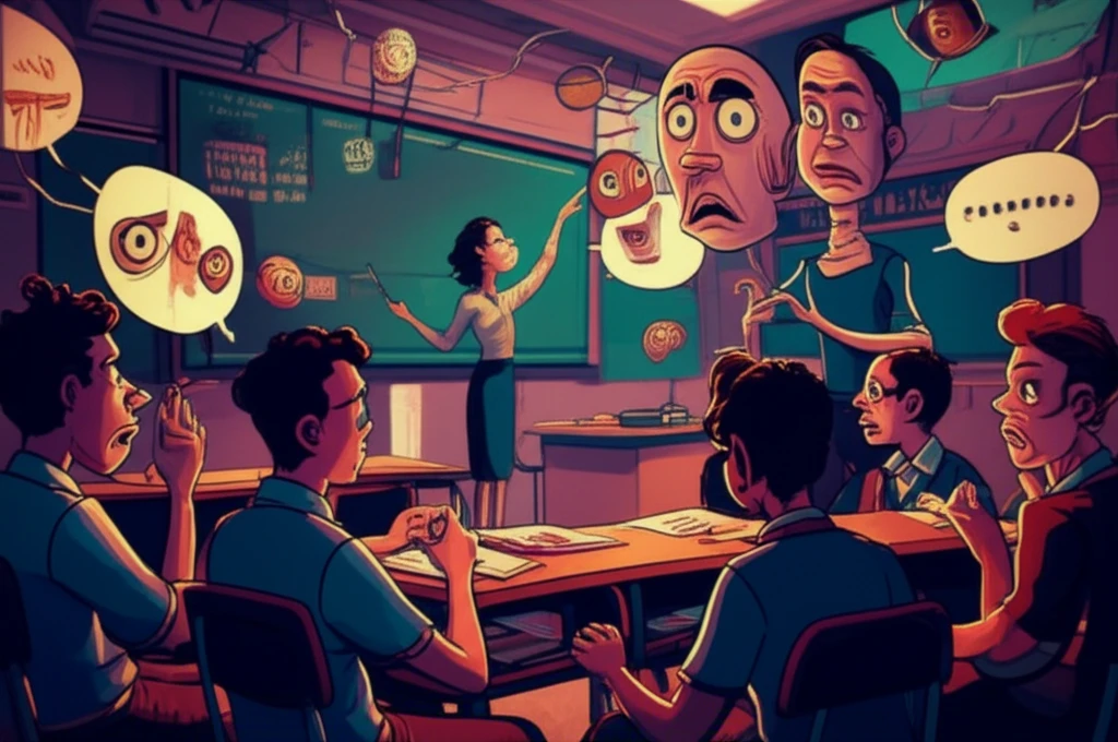 Illustration of a classroom scene, highlighting the power dynamics and conflicts. The teacher stands at the front, with students reacting and interacting.
