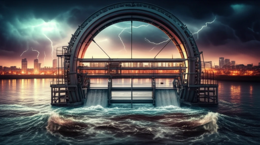 A digital illustration shows a circular fibre steel flap gate in a river, effectively controlling water flow with city in background.