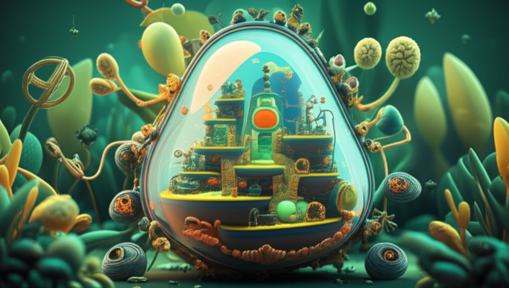 A futuristic, vibrant illustration of a cell with miniature factories inside, representing whole-cell biocatalysis and green chemistry.