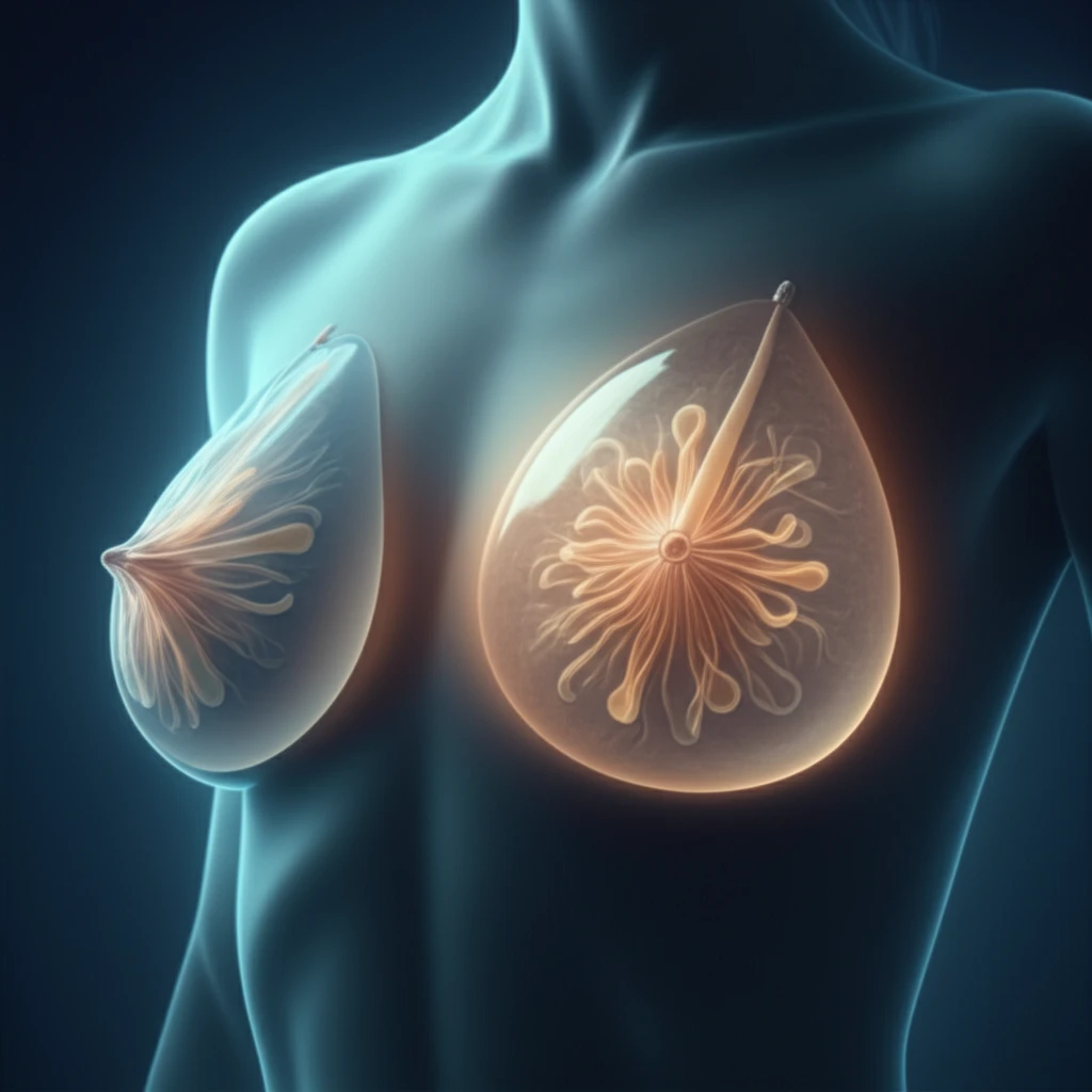 Illustration of a breast with implants, highlighting rupture signs detected through MRI