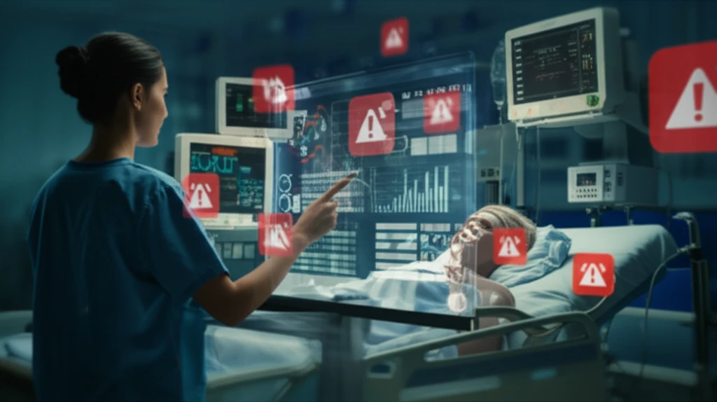 A nurse interacting with a smart software system in a hospital environment, with an emphasis on alarm reduction and patient safety.