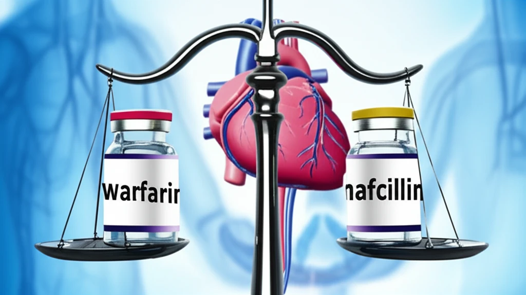 Illustration of the drug interaction between warfarin and nafcillin, highlighting the need for balanced medication management.