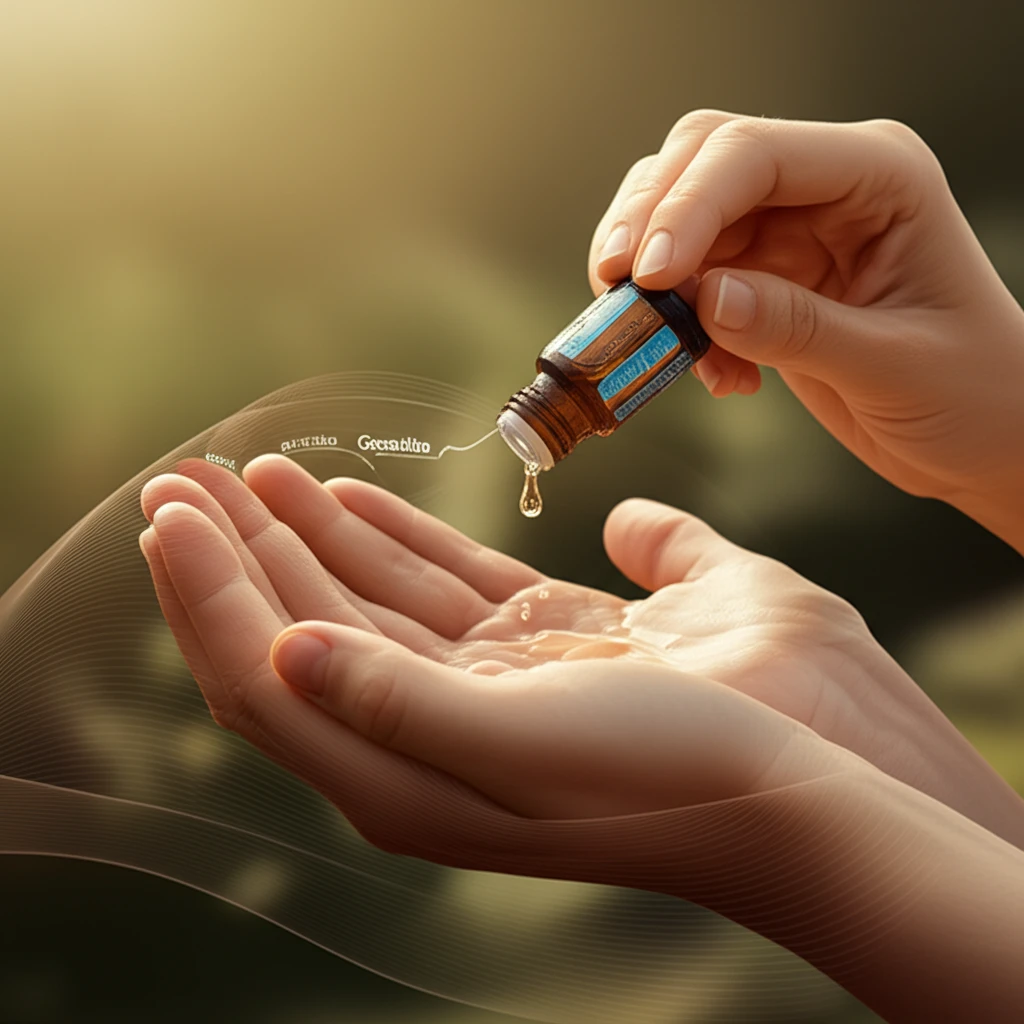 Illustration depicting hands receiving an essential oil massage for arthritis relief, with copaiba and deep blue oils in the background.