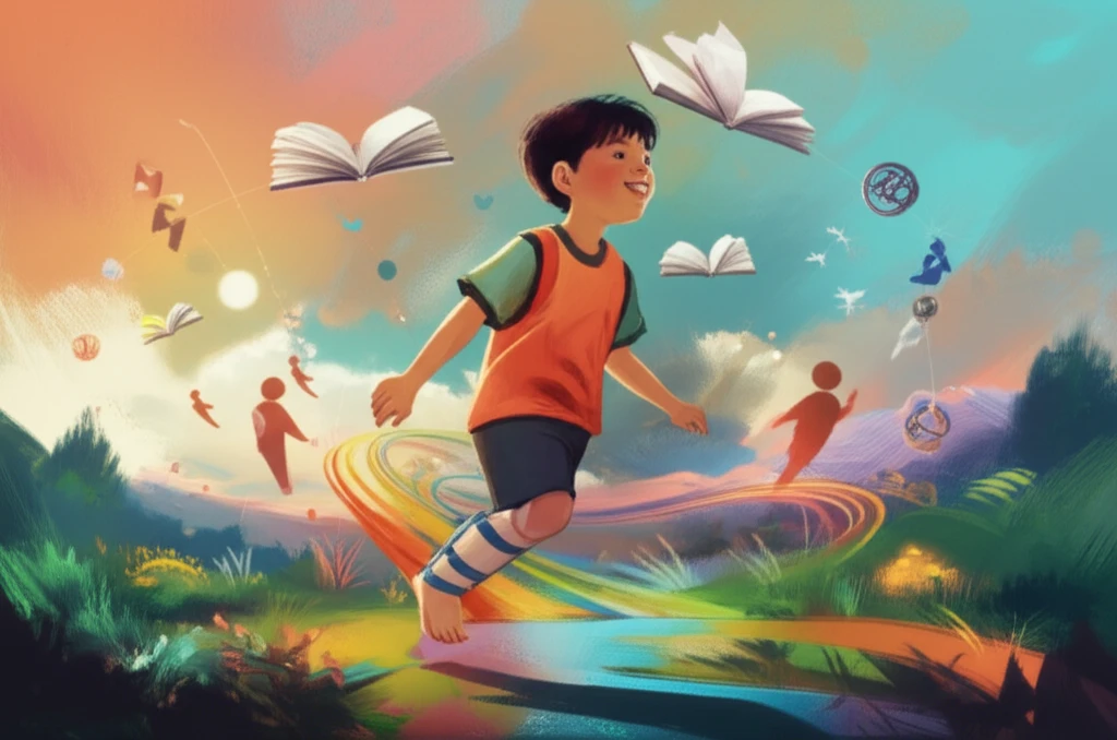 Illustration of a child with clubfoot walking through a vibrant landscape, symbolizing overcoming challenges.