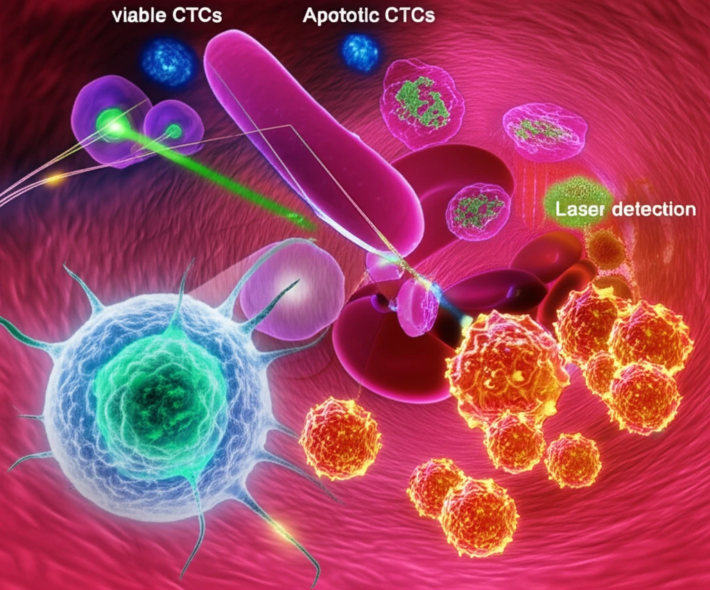 Illustration of fluorescence flow cytometry detecting and analyzing circulating tumor cells within a blood vessel.