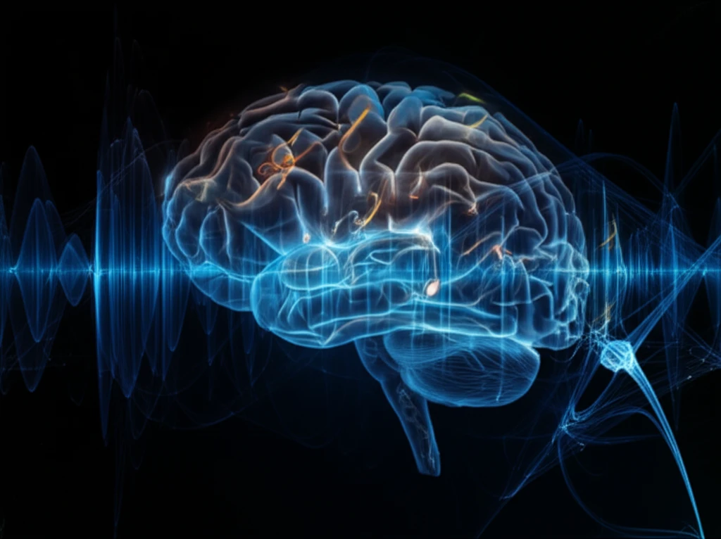 A digital illustration showing a brain with neural pathways. Sound waves and musical notes gently interact with the brain's surface, symbolizing neuroplasticity and tinnitus relief.