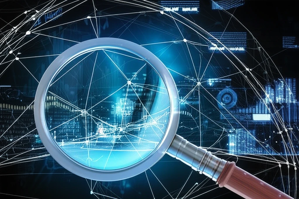 Illustration of a magnifying glass over data points, representing meta-analysis.