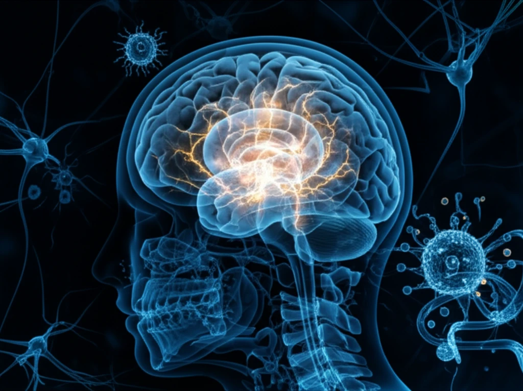 An artistic rendering of a brain with pathways, representing the impact of HIV and meningitis on the brain, including biomarkers.