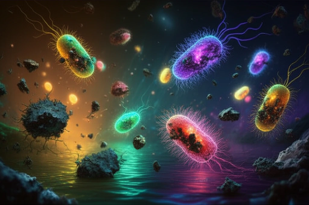 Illustration of bacteria consuming pollutants in a river